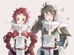  1boy 1girl armor bare_shoulders breasts brown_hair closed_eyes facing_viewer fire_emblem fire_emblem_awakening green_armor looking_to_the_side medium_breasts raisin2626 red_armor red_eyes redhead stahl_(fire_emblem) sully_(fire_emblem) teeth upper_teeth_only 