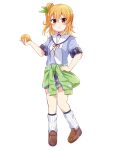  1girl blue_shirt blush brown_eyes brown_footwear closed_mouth clothes_around_waist food fruit full_body green_sweater hair_between_eyes hair_bun hair_ornament hand_on_own_hip hand_up hellfire00001 highres hinatsuki_mikan holding holding_food holding_fruit leaf_hair_ornament loafers long_hair looking_at_viewer machikado_mazoku mandarin_orange one_side_up orange_hair plaid plaid_skirt sailor_collar school_uniform shirt shoes short_sleeves simple_background single_side_bun skirt smile socks solo standing sweater white_background white_sailor_collar white_socks 