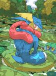  animal_focus aomon_(yuuji7604) blue_skin clouds colored_skin commentary_request evolutionary_line forest froakie frog from_behind greninja highres lily_pad looking_back nature no_humans pokemon pokemon_(creature) pond red_eyes sitting tree water yellow_eyes 