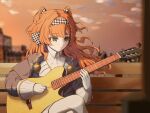  1girl absurdres blurry blurry_background braid checkered_hairband closed_mouth clouds crossed_legs feet_out_of_frame gloves green_eyes guitar hair_ornament highres holding holding_guitar holding_instrument instrument jewelry long_hair looking_to_the_side music necklace orange_hair playing_instrument puffy_sleeves reverse:1999 side_braid sitting_on_bench solo sonetto_(reverse:1999) sunset turtleneck white_gloves wind 