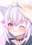  1girl :3 ahoge animal_ear_fluff animal_ears black_collar black_hoodie blush cat_ears cat_girl collar heart highres hololive hood hoodie looking_at_viewer medium_hair nekomata_okayu nekomata_okayu_(1st_costume) one_eye_closed open_mouth purple_hair smile violet_eyes virtual_youtuber yukimura_88 