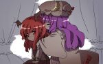  2girls :/ =_= backlighting bat_wings black_skirt black_vest black_wings blush bow capelet chibi commentary_request crescent crescent_hat_ornament curtains dot_nose dress hair_between_eyes hand_on_another&#039;s_shoulder hands_on_lap hat hat_bow hat_ornament head_wings koakuma leaning_forward long_hair mob_cap multiple_girls nasimura patchouli_knowledge purple_hair red_eyes redhead sidelocks sitting skirt skirt_set striped striped_dress touhou v_arms vertical-striped_dress vertical_stripes vest wide_sleeves window wings 