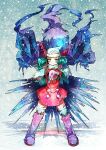  1girl absurdres alternate_hair_color beanie blue_eyes blue_hair boots closed_mouth coat darkrai full_body gloves hair_ornament hat highres hikari_(pokemon) knee_boots legs_apart light_blue_hair long_hair long_sleeves looking_at_viewer matomero outstretched_arms pink_footwear pink_gloves pokemon pokemon_(creature) pokemon_dppt pokemon_platinum red_coat reflection ripples scarf smile snow snowing split_mouth standing thigh-highs white_headwear white_scarf white_thighhighs 