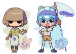  animal_crossing blue_hair brown_hair butterfly_net coco_(animal_crossing) filbert_(animal_crossing) gijinka hand_net kopa_nishikida personification shorts simple_background socks squirrel waving 