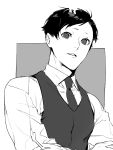 1boy collared_shirt expressionless greyscale jitsui_(joker_game) joker_game long_sleeves looking_at_viewer male_focus monochrome necktie parted_lips shi646 shirt short_hair sketch solo unfinished upper_body vest waistcoat 