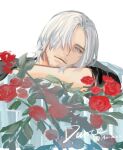  1boy ana75739825 bishounen blue_eyes dante_(devil_may_cry) devil_may_cry_(series) devil_may_cry_5 facial_hair flower highres long_hair looking_at_viewer male_focus red_flower red_rose rose simple_background smile solo white_hair 