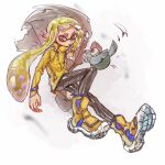  1girl black_pants blonde_hair braid commentary full_body highres inkling inkling_girl jacket long_hair orange_eyes pants pointy_ears shoes smallfry_(splatoon) solo splatoon_(series) splatoon_3 squidbeak_splatoon tentacle_hair thenintlichen96 white_background yellow_footwear yellow_jacket 