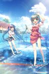  2girls arm_up barefoot blue_hair blue_sky blush bow cleaning clouds collaboration day dress full_body green_eyes green_hair hair_bow hinoue_itaru hirose_maki holding holding_hose holding_mop hose long_hair looking_at_viewer mocha_(cotton) mop multiple_girls nanase_rumi official_art one_-_kagayaku_kisetsu_e open_mouth outdoors pinafore_dress pink_bow pool puffy_short_sleeves puffy_sleeves shirt short_hair short_sleeves skirt sky sleeveless sleeveless_dress smile sunlight tied_dress tied_shirt twintails very_long_hair wading water 