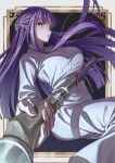  1girl blunt_bangs breasts collar dress fern_(sousou_no_frieren) frilled_collar frills hair_ornament highres holding holding_staff large_breasts long_hair long_sleeves looking_at_viewer mage_staff ntn00a open_mouth purple_hair purple_pupils sidelocks solo sousou_no_frieren staff straight_hair violet_eyes white_dress wooden_staff 