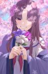  1girl absurdres blue_archive blurry blush cherry_blossoms depth_of_field fingernails flower grin hair_flower hair_ornament haori highres holding holding_flower japanese_clothes long_hair nail_polish neckerchief outdoors parted_bangs purple_hair purple_nails red_neckerchief school_uniform serafuku smile solo tai_saka upper_body very_long_hair violet_eyes yukari_(blue_archive) 