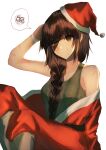  1girl brown_eyes brown_hair closed_mouth coat eyepatch girls_frontline green_shirt highres m16a1_(girls&#039;_frontline) merry_christmas red_coat red_headwear scar shirt simple_background smile thinking xanax025 