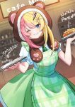  1girl apron bear_hat blonde_hair blue_eyes brown_headwear cafe food green_apron green_necktie green_skirt hair_ornament highres kotoka_torahime lightning_bolt_hair_ornament lightning_bolt_symbol long_hair multicolored_hair necktie nijisanji nijisanji_en one_eye_closed pancake pink_hair plaid plaid_apron puffy_short_sleeves puffy_sleeves shirt short_sleeves skirt solo split-color_hair uri200illust virtual_youtuber white_shirt x_hair_ornament 