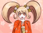  1girl :d blonde_hair bow cat_hair_ornament danganronpa_(series) danganronpa_2:_goodbye_despair floral_print green_bow hair_bow hair_ornament hands_up japanese_clothes kimono miru-ko obi orange_eyes orange_kimono pink_background print_kimono saionji_hiyoko sash smile solo teeth twintails upper_body upper_teeth_only wide_sleeves 