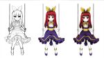  1girl bow clea_(clea) clea_(game) concept_art dress hair_bow highres invertmouse monochrome pale_skin purple_dress purple_footwear red_eyes redhead sitting swing thigh-highs white_background white_thighhighs yellow_bow 