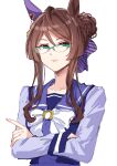  1girl animal_ears bow bowtie breasts brown_eyes brown_hair closed_mouth crossed_arms expressionless hair_bow hair_bun highres horse_ears long_hair long_sleeves looking_at_viewer nayuta_ggg purple_shirt royce_and_royce_(umamusume) sailor_collar semi-rimless_eyewear shirt simple_background small_breasts solo umamusume upper_body white_background 