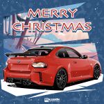  artist_name benjamin_(user_scjv3278) bmw bmw_m2 car deer highres merry_christmas motor_vehicle mountain no_humans original race_vehicle red_car snowflakes snowing spoiler_(automobile) tree vehicle_focus 