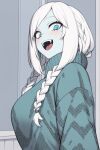  1girl :d anomimous blue_eyes blue_skin blue_sweater blush braid breasts character_request colored_skin fang highres looking_at_viewer medium_breasts medium_hair mole mole_under_eye monster_girl original sidelocks slit_pupils smile snake_print solo sweater turtleneck turtleneck_sweater twin_braids white_hair 