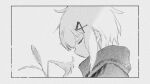  1girl border closed_eyes closed_mouth commentary flower from_side greyscale head_down hiasane high_collar highres indie_utaite lily_(flower) monochrome number_hair_ornament portrait profile short_hair_with_long_locks sidelighting simple_background solo utaite yorunogumo 