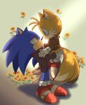  2boys absurdres animal_ears animal_nose artist_name blue_eyes blue_fur flower gloves green_eyes highres jewelry lifting_person looking_at_another male_focus mintokitsune multiple_boys orange_fur red_footwear ring scarf simple_background smile sonic_(series) sonic_the_hedgehog sunflower sweater tails_(sonic) white_gloves 