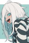  1girl :d animal_print anomimous blue_eyes blush character_request drawstring highres hood hood_down hoodie looking_at_viewer medium_hair monster_girl original sidelocks simple_bird slit_pupils smile solo striped striped_hoodie tongue tongue_out white_background white_hair zebra_print 