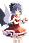  1girl bat_wings black_thighhighs black_wings christmas christmas_ornaments closed_mouth cowboy_shot dress hair_between_eyes hat highres mob_cap mokokiyo_(asaddr) purple_hair red_dress red_eyes remilia_scarlet santa_costume short_hair simple_background solo thigh-highs touhou white_background white_headwear wings 