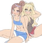  :p abs bike_shorts black_tank_top blonde_hair blue_sports_bra blush breasts brown_eyes brown_hair collarbone dolphin_shotys dumbbell_nan_kilo_moteru? flat_color green_eyes hair_bun hair_ornament hairpin highres long_hair looking_at_viewer medium_breasts midriff navel ohta_guk_hip on_floor sakura_hibiki simple_background single_hair_bun sitting sleeveless small_breasts smile sports_bra sweat tank_top tongue tongue_out two_side_up uehara_ayaka white_background 