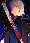  1boy black_gloves blood blood_on_weapon blue_coat blue_eyes closed_mouth coat devil_may_cry_(series) devil_may_cry_5 fingerless_gloves gloves highres holding holding_sword holding_weapon katana male_focus orr2kln3tjteydj solo sword vergil_(devil_may_cry) weapon white_hair yamato_(sword) 