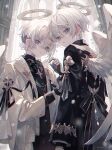  2boys angel angel_wings black_shirt dual_persona feathered_wings feathers gloves hair_between_eyes halo highres holding_hands jacket long_sleeves looking_at_viewer male_focus mini_wings multiple_boys namiki_itsuki original shirt smile white_wings wings 