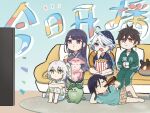  2boys 3girls :t ahoge arm_support barefoot black_hair blue_eyes blue_hair bottle brown_eyes brown_hair chibi closed_eyes closed_mouth cross-shaped_pupils cup drinking eating elbow_rest food furina_(genshin_impact) genshin_impact green_hair grey_hair hair_between_eyes hand_on_own_cheek hand_on_own_face head_rest highres holding holding_bottle holding_cup indoors jacket knees_up long_hair long_sleeves looking_at_object lying motion_lines multicolored_hair multiple_boys multiple_girls nahida_(genshin_impact) nightgown on_side open_mouth pajamas pants parted_bangs popcorn purple_hair raiden_shogun short_hair side_ponytail sitting slime_(genshin_impact) symbol-shaped_pupils television track_jacket track_pants track_suit two-tone_hair venti_(genshin_impact) violet_eyes watching_television white_hair xinzoruo yae_miko yae_miko_(fox) zhongli_(genshin_impact) 
