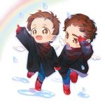  +_+ 2boys angel_wings animification arm_up black_coat blue_bodysuit blush bodysuit brown_eyes brown_hair buttons chibi coat dual_persona full_body highres holding holding_hands leg_up long_sleeves looking_at_another looking_up male_focus marvel marvel_cinematic_universe multiple_boys open_mouth peter_parker pointing puddle puffy_long_sleeves puffy_sleeves rain rainbow red_bodysuit short_hair smile spider-man spider-man:_no_way_home spider-man_(series) spider_web_print star_(symbol) superhero tongue two-tone_bodysuit uniiii walking wings 