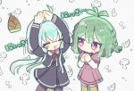  2girls :d ^_^ ahoge antenna_hair aqua_hair arms_up black_dress black_jacket black_skirt blue_hair blunt_bangs blush braid bread buttons character_request chibi closed_eyes closed_mouth collared_shirt cropped_jacket cross_tie dot_nose dress food green_hair grey_background hair_between_eyes hands_up high-waist_skirt highres jacket layered_sleeves long_hair long_sleeves looking_at_another low_twintails magia_record:_mahou_shoujo_madoka_magica_gaiden mahou_shoujo_madoka_magica medium_hair miniskirt multiple_girls neck_ribbon necktie open_mouth outline own_hands_together pantyhose pink_eyes pleated_skirt purple_shirt purple_skirt red_necktie ribbon sailor_collar school_uniform serafuku shirt short_dress short_hair short_necktie short_over_long_sleeves short_sleeves side_braids sidelocks simple_background skirt smile sweat thigh-highs twin_braids twintails umisanmoon v-shaped_eyebrows very_long_hair violet_eyes white_background white_outline white_shirt 