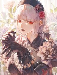  1girl absurdres armband black_gloves black_lips breasts fate/grand_order fate_(series) florence_nightingale_(fate) florence_nightingale_(manor_of_repose)_(fate) flower gloves hat highres jewelry large_breasts long_hair makitoshi0316 nurse_cap pendant pink_hair red_eyes rose 