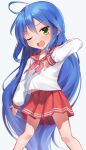  1girl ;3 ;d absurdres ahoge blue_hair double_horizontal_stripe green_eyes hair_between_eyes highres izumi_konata jiyasu legs_apart long_hair long_sleeves looking_at_viewer lucky_star miniskirt mole mole_under_eye neckerchief one_eye_closed pink_neckerchief pleated_skirt red_sailor_collar red_skirt ryouou_school_uniform sailor_collar school_uniform shirt simple_background skirt smile solo standing very_long_hair white_background white_shirt 