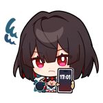  1girl angry bright_pupils brown_hair chibi chinese_clothes closed_mouth colored_inner_hair english_commentary gloves holding holding_phone honkai:_star_rail honkai_(series) looking_at_viewer multicolored_hair official_art phone pointing red_eyes redhead short_hair solo transparent_background upper_body white_pupils xueyi_(honkai:_star_rail) 