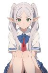  ai-generated artist_request commentary crossed_arms dangle_earrings drop_earrings earrings elf frieren green_eyes highres jewelry long_hair looking_at_viewer pointy_ears ribbon school_uniform skirt sousou_no_frieren twintails white_background white_hair 