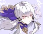 1girl commentary fire_emblem fire_emblem:_three_houses highres long_hair looking_at_viewer lysithea_von_ordelia pink_eyes purple_background sidelocks solo veil white_hair yachimata_1205 