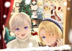  2girls 3boys aether_(genshin_impact) animal_ears blonde_hair blue_eyes cat_ears christmas christmas_tree curtains fire freminet_(genshin_impact) genshin_impact hair_between_eyes hair_over_one_eye hat highres long_hair lynette_(genshin_impact) lyney_(genshin_impact) multiple_boys multiple_girls open_mouth paimon_(genshin_impact) pants shirt short_hair smile star_(symbol) suya_(suya_ny) sweater teardrop_facial_mark violet_eyes white_hair white_sweater window yellow_eyes 