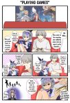 1boy 2girls brown_hair caelus_(honkai:_star_rail) comic couch english_text genshin_impact grey_eyes grey_hair herta_(honkai:_star_rail) honkai:_star_rail kulo_jawa playing_videogames purple_eyes silver_wolf_(honkai:_star_rail)