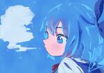  1girl blowing blue_background blue_bow blue_eyes blue_hair blue_theme bow breath bright_pupils cirno commentary from_side hair_bow half_updo highres ice ice_wings medium_hair nama_udon neck_ribbon parted_lips red_ribbon ribbon shirt solo sparkle sparkling_eyes touhou white_pupils white_shirt wings 