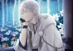  1boy adam&#039;s_apple bishounen black_gloves black_wristband closed_mouth colored_eyelashes forest from_side gloves green_eyes japanese_clothes kimono male_focus nature pom_pom_(clothes) short_hair signature tassel touken_ranbu tsurumaru_kuninaga wachita_(8t8t) white_hair white_kimono white_lily 