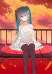  1girl absurdres alternate_costume alternate_eye_color aqua_hair autumn blue_eyes closed_mouth hatsune_miku highres long_hair looking_at_viewer qingli_green sleeveless solo spaghetti_strap thigh-highs twintails violet_eyes vocaloid 