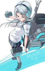  1girl adapted_turret cannon dated full_body gegeron grey_hair grey_ribbon hairband highres holding holding_turret kantai_collection long_hair machinery pleated_skirt purple_hairband rigging rudder_footwear sagiri_(kancolle) sailor_collar school_uniform serafuku shirt signature skirt solo torpedo_launcher torpedo_tubes turret violet_eyes white_background 