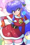  1girl belt black_belt bow breasts christmas double_bun hair_bun highres purple_hair ranma_1/2 red_bow santa_costume shampoo_(ranma_1/2) signature smile solo violet_eyes wanta_(futoshi) 