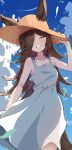  1girl ^_^ alternate_costume brown_hair brown_headwear closed_eyes dress ears_through_headwear facing_viewer fumitonkatsu hair_over_one_eye hat highres horse_girl long_hair rice_shower_(umamusume) sleeveless sleeveless_dress solo straw_hat sun_hat umamusume white_dress 