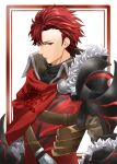  1boy absurdres armor artist_name belt belt_buckle border buckle cape closed_mouth commentary_request diamant_(fire_emblem) fire_emblem fire_emblem_engage fur_trim gauntlets highres insignia male_focus midori_no_baku red_border red_cape red_eyes redhead short_hair shoulder_armor upper_body white_background 