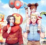  3boys aged_down amusement_park animal_ears animification balloon belt black_hair blonde_hair blue_eyes blue_shirt blue_sky blurry blurry_background blush brown_belt brown_eyes brown_footwear brown_hair brown_pants buttons carrying character_doll character_print child clothes_writing clouds cloudy_sky collared_shirt day doll fake_animal_ears ferris_wheel fingernails food hand_up hands_up heart heart_print highres holding holding_food holding_ice_cream ice_cream iron_man james_buchanan_barnes long_sleeves looking_at_another looking_down looking_up male_focus marvel marvel_cinematic_universe mickey_mouse_ears mouse_ears multiple_boys open_mouth outdoors pants plaid plaid_shirt pocket prosthesis prosthetic_arm red_shirt red_shorts shirt shoes short_hair shorts shoulder_carry sitting sky smile socks standing star_(symbol) star_print steve_rogers suspender_shorts suspenders t-shirt teeth tongue tony_stark white_shirt white_socks wodeyongheng 