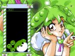  1girl brown_eyes closed_mouth creature_and_personification fake_screenshot feet_out_of_frame green_hair hair_between_eyes hand_on_own_cheek hand_on_own_face ko-chan long_hair looking_at_viewer lying on_stomach pc-98_(style) pixel_art shirt short_sleeves smile solo suika_game the_pose v voiceroid voicevox white_shirt zundamon 