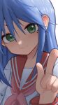  1girl :3 absurdres blue_hair blush closed_mouth commentary green_eyes highres index_finger_raised izumi_konata long_hair long_sleeves looking_at_viewer lucky_star neckerchief red_neckerchief rorirori_(rorirori45) school_uniform serafuku shirt solo white_shirt 