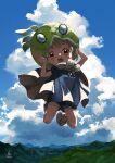  1girl asuka_(ppask) blonde_hair blue_shorts brown_eyes clouds cumulonimbus_cloud dr._stone full_body highres jumping looking_at_viewer open_mouth rope_necklace short_hair short_shorts shorts solo suika_(dr.stone) 