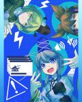  3girls artist_name black_headwear blue_background blue_headwear blue_nails brown_eyes brown_hair closed_mouth commentary corporalblake english_commentary green_hair green_nails grey_hair hat highres lightning_bolt_symbol mononobe_no_futo multiple_girls mute open_mouth pointy_hair sign soga_no_tojiko tate_eboshi touhou toyosatomimi_no_miko w warning_sign 